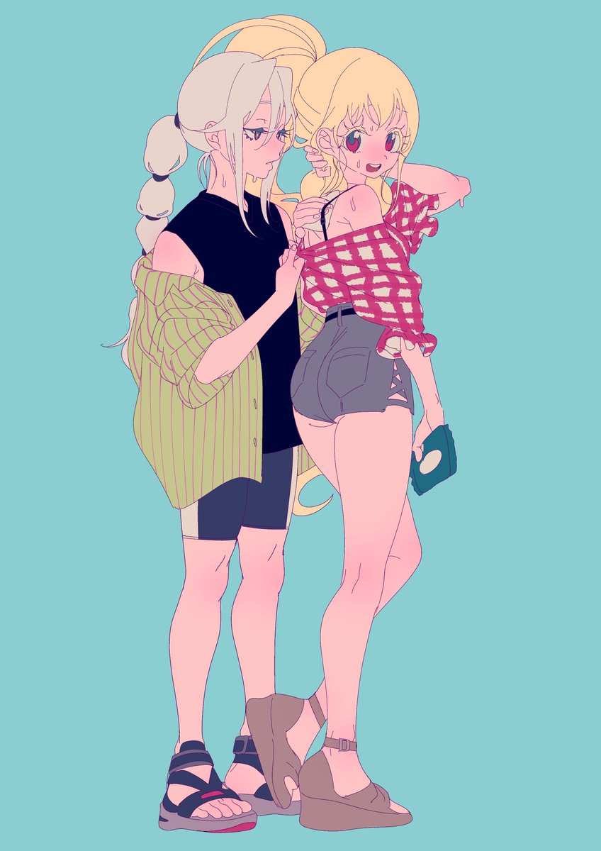 2girls :d alternate_costume anchiki_shou archived_source bad_id bad_twitter_id bare_shoulders black_footwear black_shirt blonde_hair blue_background blue_shorts brown_footwear colored_eyelashes commentary_request full_body green_shirt grey_shorts hair_between_eyes highres hot image_sample kagayaki_alice kiratto_pri_chan long_hair looking_at_another looking_at_viewer looking_back multi-tied_hair multiple_girls off_shoulder open_mouth ponytail pretty_series puffy_sleeves red_eyes red_shirt sandals shirt shorts simple_background smile solulu standing sweat twitter_sample wet_wipes white_hair wiping_sweat