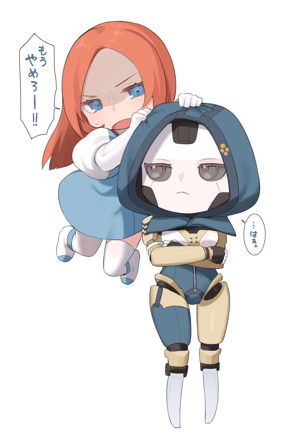 2girls android animification apex_legends ash_(titanfall_2) ashleigh_reid blue_dress blue_eyes blue_leotard boots chibi colored_sclera crossed_arms dress dual_persona elbow_gloves floating_hair frown gloves grey_eyes grey_sclera hand_on_another's_head highres hood hood_up hooded_leotard leotard looking_at_viewer metal_skin multiple_girls nagoooon_114 orange_hair parted_bangs shaded_face simple_background simulacrum_(titanfall) sweatdrop thighhighs translation_request v-shaped_eyebrows white_background white_footwear white_gloves white_thighhighs