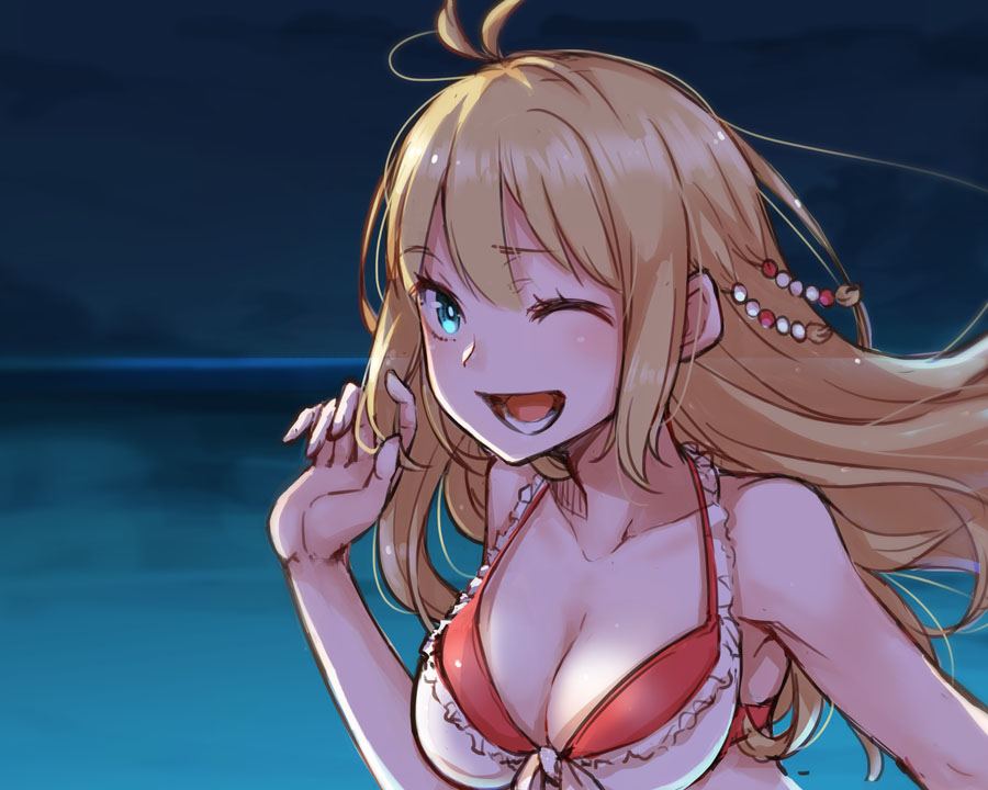 1girl antenna_hair aqua_eyes ayakura_juu beads bikini blonde_hair breasts cleavage commentary_request hair_beads hair_ornament long_hair looking_at_viewer medium_breasts one_eye_closed open_mouth outdoors sky smile solo swimsuit tsurumaki_maki upper_body voiceroid