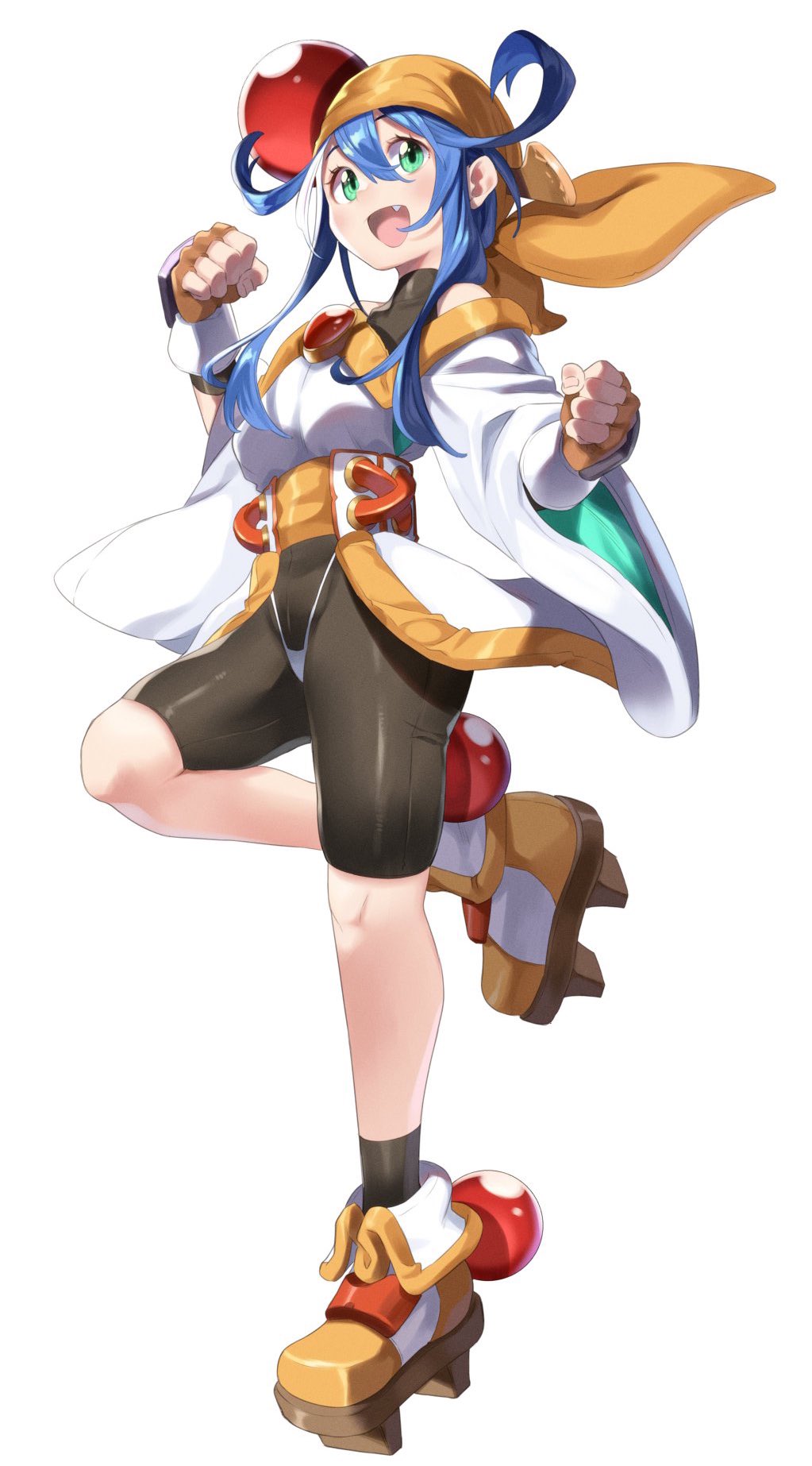 1girl aqua_eyes bandana bike_shorts black_shorts blue_hair brown_footwear brown_gloves fang fingerless_gloves full_body geta gloves hair_behind_ear highres lime_(saber_j) long_hair looking_up off_shoulder orange_bandana saber_marionette_j shorts simple_background smile solo yuuzii