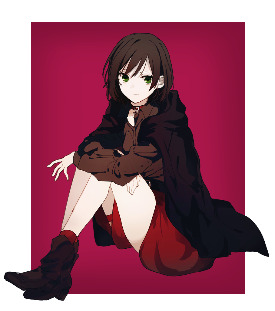 1girl belt black_cape boots brown_belt brown_footwear brown_hair brown_shirt cape collar commentary_request dress full_body green_eyes lock long_sleeves looking_at_viewer medium_hair mochiosamu_ron original padlock pink_background red_collar red_dress red_socks shirt sitting socks solo