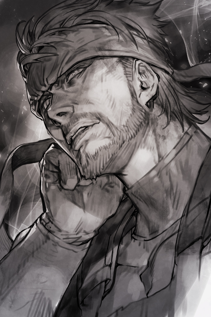 1boy bandana beard close-up facial_hair from_below hand_on_own_ear hungry_clicker looking_ahead metal_gear_(series) monochrome short_hair solid_snake solo