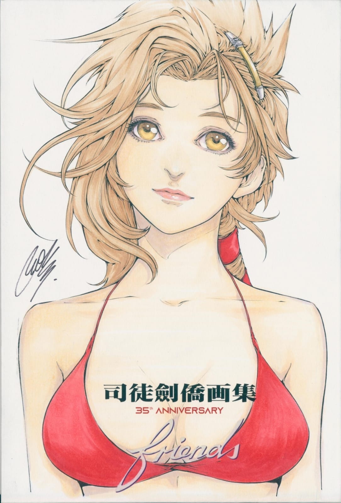 1girl andy_seto anling_(cyber_weapon_z) bikini braid braided_ponytail breasts brown_hair chinese_commentary collarbone commentary cropped_torso cyber_weapon_z english_commentary hair_ornament hairclip head_tilt highres marker_(medium) medium_breasts mixed-language_commentary pink_lips red_bikini signature smile solo swimsuit traditional_media upper_body yellow_eyes