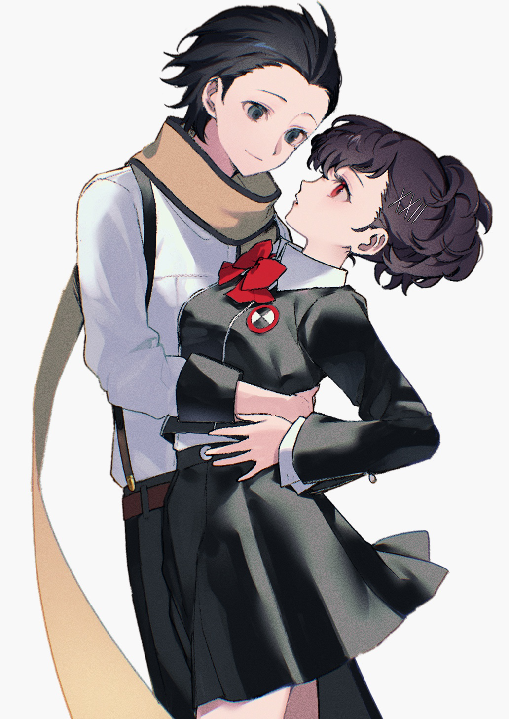1boy 1girl arms_around_waist belt black_eyes black_jacket black_skirt bow bowtie brown_belt brown_hair collared_shirt cowboy_shot gekkoukan_high_school_uniform grey_background hair_ornament hairclip hands_on_own_hips height_difference highres jacket light_smile long_sleeves looking_at_another mochizuki_ryouji parted_lips persona persona_3 red_bow red_bowtie red_eyes scarf school_uniform shiomi_kotone shirt short_hair simple_background skirt suspenders uxco0 white_shirt yellow_scarf