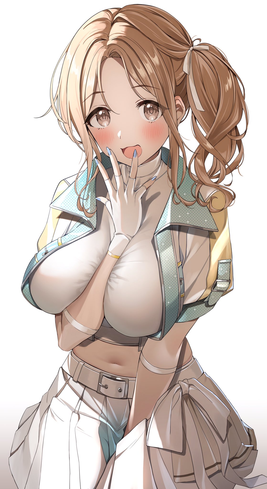 1girl arm_between_breasts between_breasts blue_nails blush breasts brown_eyes brown_hair commentary commission crop_top cropped_jacket fingerless_gloves gawawawa gloves hand_to_own_mouth highres ichikawa_hinana idolmaster idolmaster_shiny_colors large_breasts long_hair looking_at_viewer midriff navel open_mouth pleated_skirt side_ponytail simple_background skeb_commission skirt smile solo stomach white_background white_gloves white_skirt