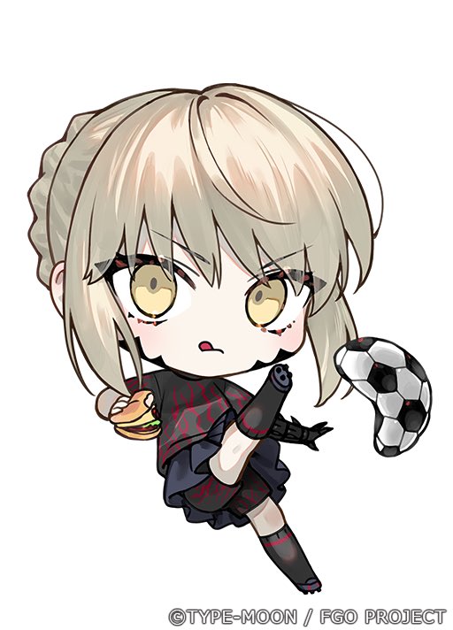 1girl artoria_pendragon_(fate) ball black_shirt black_skirt black_socks blonde_hair burger chibi closed_mouth fate/grand_order fate_(series) food hair_between_eyes holding holding_food kneehighs looking_to_the_side nipi27 official_art saber_alter shirt short_sleeves sidelocks skirt soccer_ball socks solo tongue tongue_out yellow_eyes