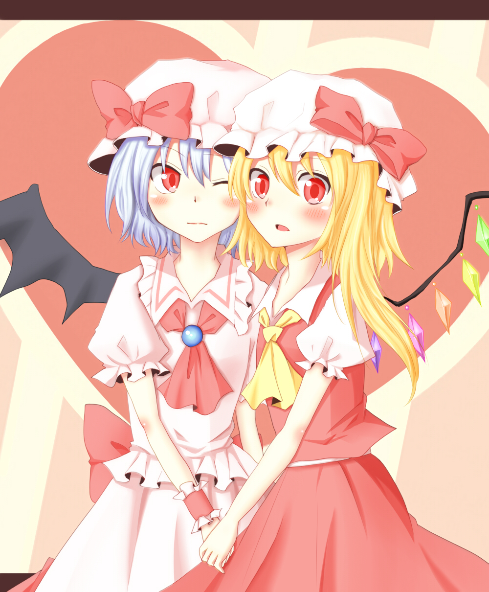 2girls ascot bat_wings blonde_hair blush bow breasts closed_mouth collared_shirt flandre_scarlet frilled_shirt frilled_shirt_collar frilled_sleeves frills hair_between_eyes hat hat_bow heart heart_background highres holding_hands long_hair looking_at_viewer medium_hair mob_cap multicolored_wings multiple_girls one_eye_closed one_side_up open_mouth pink_hat pink_shirt pink_skirt puffy_short_sleeves puffy_sleeves purple_hair red_ascot red_bow red_eyes red_skirt red_vest remilia_scarlet ryousangata shirt short_sleeves siblings sisters skirt skirt_set small_breasts touhou vest white_hat white_shirt wings wrist_cuffs yellow_ascot