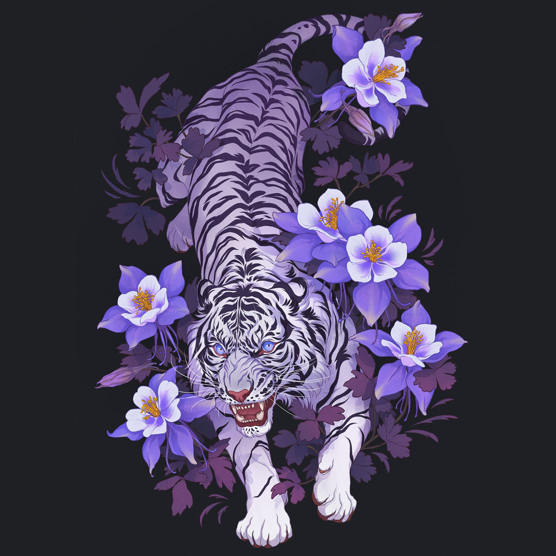 angry animal animal_focus blue_eyes dark_background fangs flower full_body looking_at_viewer no_humans norapotwora open_mouth original purple_flower tiger top-down_bottom-up white_tiger