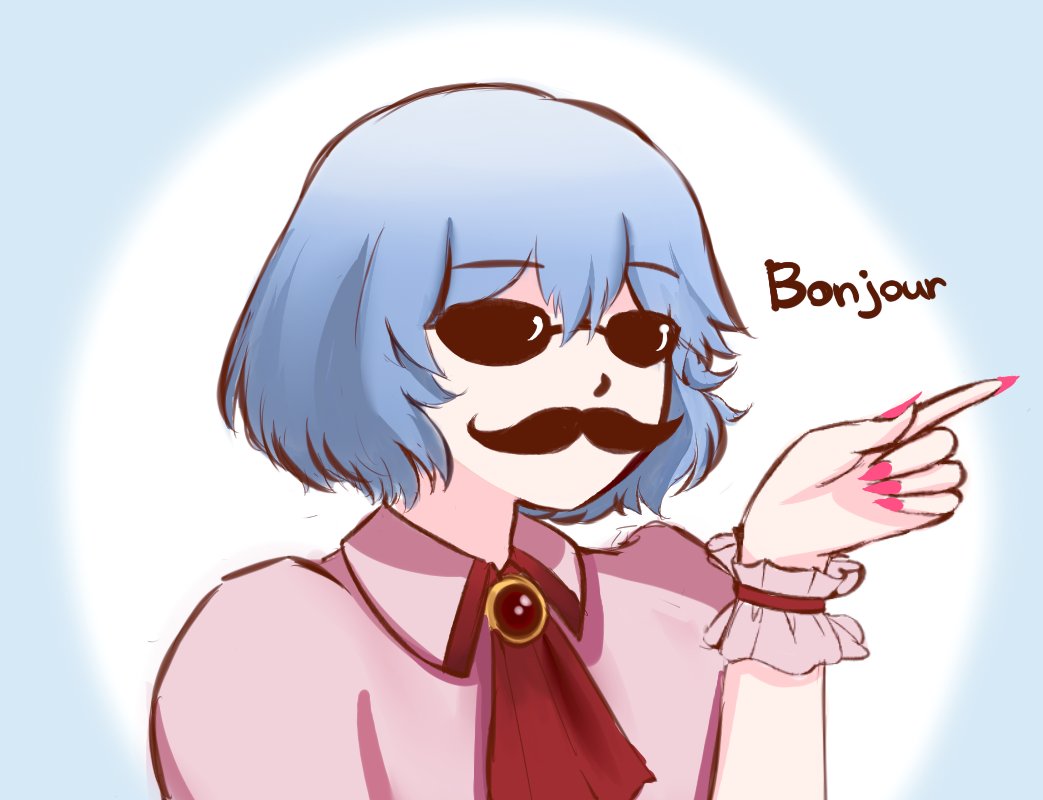 ascot bangs blue_hair brooch commentary eyebrows_visible_through_hair facial_hair fake_facial_hair fake_mustache french gradient gradient_background gradient_hair jewelry mugo_(mugokii) multicolored_hair mustache pointing pointing_finger red_neckwear remilia_scarlet short_hair solo sunglasses touhou upper_body wrist_cuffs