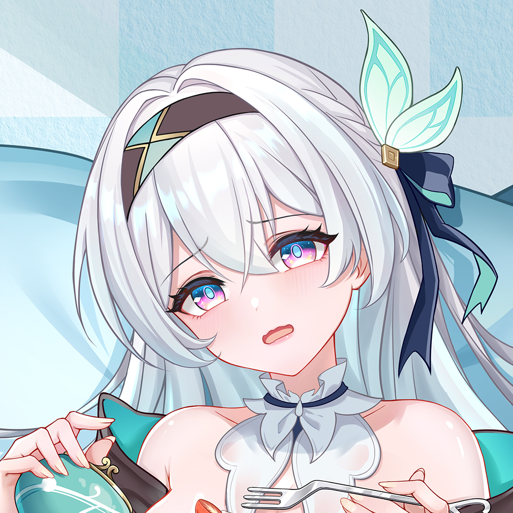 1girl bed_sheet black_hairband blue_pupils blush bow cake dakimakura_(medium) embarrassed firefly_(honkai:_star_rail) food fork grey_hair hair_between_eyes hair_bow hair_intakes hair_ribbon hairband holding holding_fork honkai:_star_rail honkai_(series) long_hair lying multiple_views on_back portrait ribbon two-tone_eyes wavy_mouth zhong0522