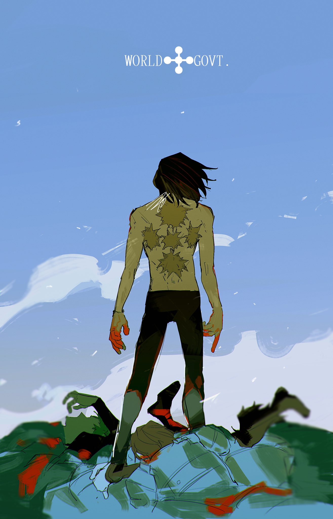 1boy arms_at_sides azisaiharumaki56 back black_hair black_pants blood blood_on_hands blue_sky brush_stroke clear_sky english_text facing_away floating_hair from_behind highres legs_apart male_focus medium_hair multiple_scars one_piece open_hand pants people pile_of_corpses rob_lucci scar scar_on_back signature skinny sky smoke solo_focus standing toned toned_male topless_male wide_shot wind