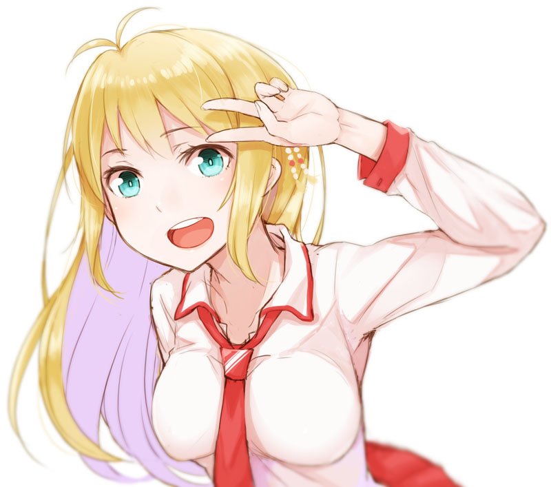 1girl antenna_hair aqua_eyes ayakura_juu blonde_hair breasts collared_shirt commentary_request long_hair looking_at_viewer medium_breasts open_mouth shirt simple_background smile solo tsurumaki_maki upper_body v voiceroid white_background