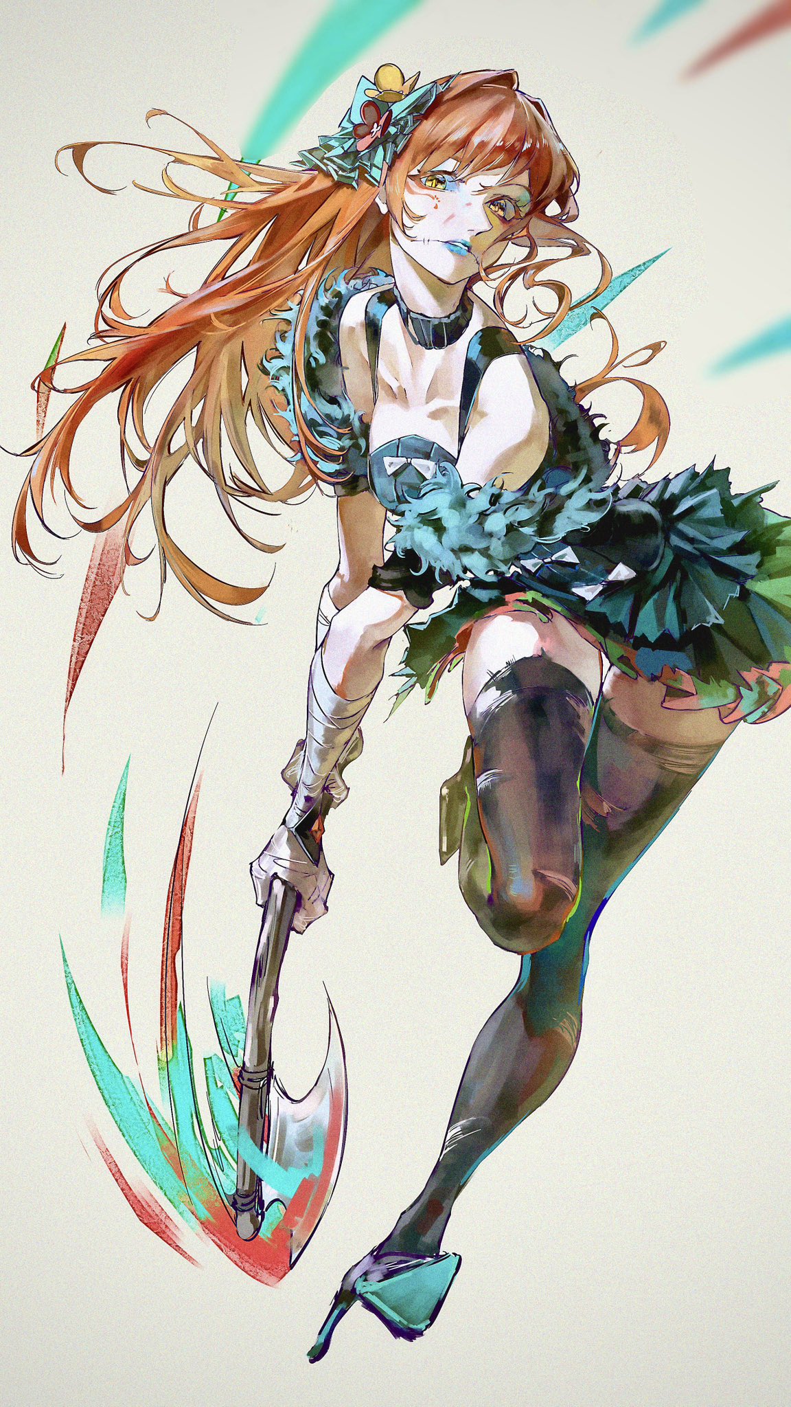 1girl aura axe bandaged_arm bandages black_collar black_thighhighs blood blood_on_face blue_bow blue_lips bow collar commentary fire_emblem fire_emblem_engage full_body grey_background hair_bow high_heels highres holding holding_axe holding_weapon lkppp long_hair orange_hair panette_(fire_emblem) simple_background solo standing standing_on_one_leg thighhighs weapon yellow_eyes