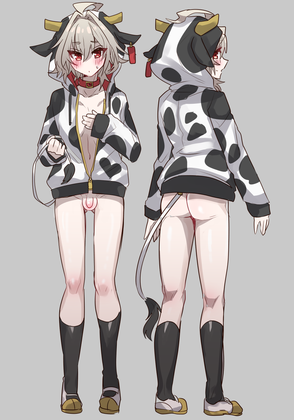 1boy ahoge animal_ear_hood animal_hood animal_print ass black_socks blush bottomless closed_mouth collar cow_horns cow_print cow_tail dot_mouth ear_tag fate/apocrypha fate_(series) from_behind grey_background grey_hair hair_intakes hand_on_own_chest haoro highres holding_own_tail hood hoodie horns looking_at_viewer male_focus mary_janes multiple_views open_mouth partially_unzipped penis red_collar red_eyes shoes short_hair sieg_(fate) simple_background small_penis socks standing tail testicles two-tone_hoodie white_footwear white_hoodie