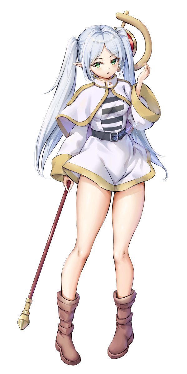 1girl :o bare_legs belt black_belt brown_footwear capelet fii_fii_(feefeeowo) frieren full_body green_eyes grey_hair highres holding holding_staff long_hair long_sleeves looking_at_viewer parted_bangs pointy_ears shirt shoes simple_background solo sousou_no_frieren staff standing striped_clothes striped_shirt twintails white_capelet