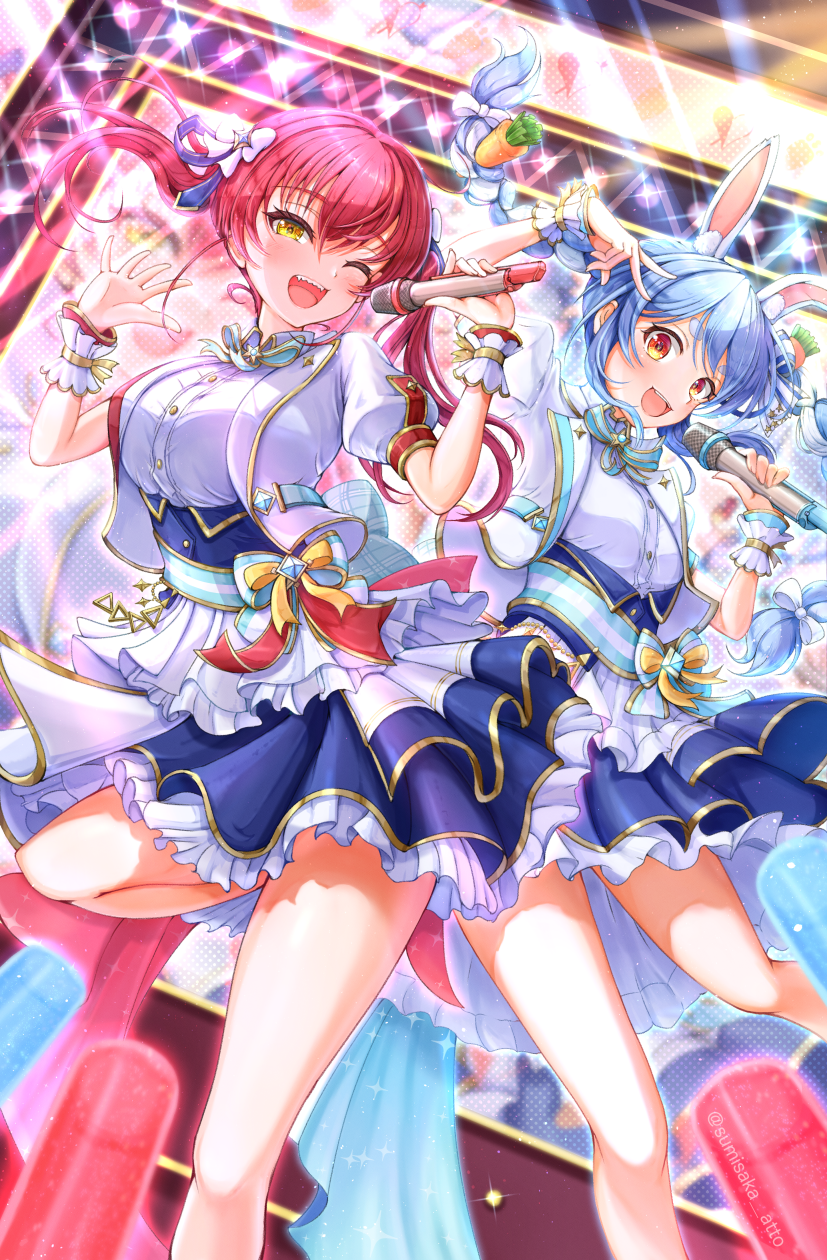2girls blue_hair blue_skirt braid breasts carrot_hair_ornament cropped_jacket food-themed_hair_ornament hair_ornament highres holding holding_microphone hololive hololive_idol_uniform_(bright) houshou_marine jacket large_breasts long_hair looking_at_viewer microphone multicolored_hair multiple_girls napozouattop official_alternate_costume one_eye_closed open_mouth rabbit-shaped_pupils red_hair shirt short_eyebrows skirt streaked_hair symbol-shaped_pupils teeth twin_braids twintails upper_teeth_only usada_pekora v virtual_youtuber white_hair white_jacket white_shirt yellow_eyes