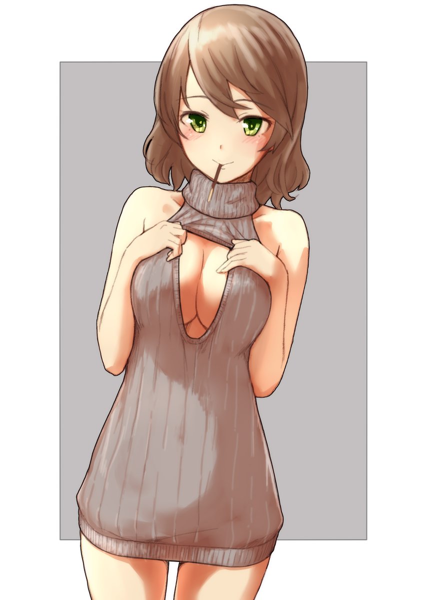 1girl alice_gear_aegis blush breasts brown_hair cleavage cleavage_cutout clothing_cutout commentary_request dress food food_in_mouth green_eyes grey_sweater highres looking_at_viewer medium_breasts meme_attire mutsumura_ryuuichi onaga_akino pocky pocky_in_mouth smile solo sweater sweater_dress virgin_killer_sweater