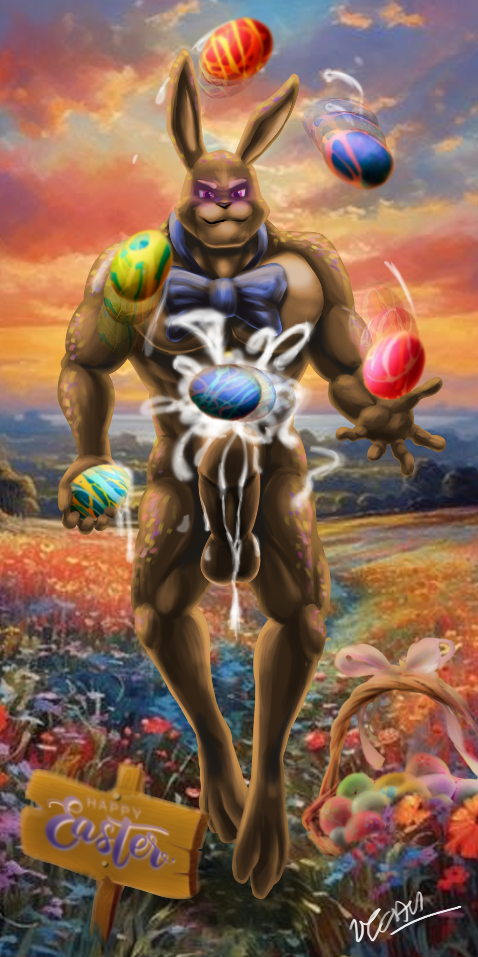 5_fingers abs abstract_background anthro balls basket big_penis blue_background blush bodily_fluids bonnie_(fnaf) bow_(feature) bow_tie brown_body brown_ear brown_ears candy checkered checkered_background chocolate chocolate_bonnie_(fnaf) container countershade_torso countershading cum cumshot dessert easter easter_basket easter_bunny easter_egg egg ejaculation erection excessive_cum excessive_genital_fluids exposed_endoskeleton featureless_crotch fingers fist five_nights_at_freddy's food foreskin fur genital_fluids genitals green_background half-closed_eyes hand_on_penis hi_res holidays humanoid humanoid_genitalia humanoid_penis inside lagomorph leporid long_ears looking_at_viewer looking_down lying machine male mammal masturbation metal metallic metallic_body motion_lines multicolored_body multicolored_ears muscular muscular_anthro muscular_male narrowed_eyes nipples notched_ear nude on_side open_mouth orange_eyes pattern_background pecs penile penile_masturbation penis pink_nose purple_body purple_eyes purple_fur rabbit scar scottgames simple_background slightly_chubby slightly_chubby_male solo spread_legs spreading standing teeth text thick_penis torn_body two_tone_body two_tone_ears vein veiny_penis white_background wire yellow_background