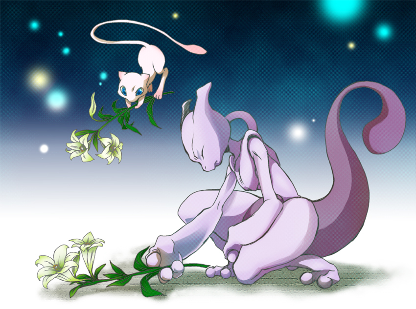 1boy closed_eyes flower flying holding holding_flower kneeling lights lily_(flower) mew_(pokemon) mewtwo mourning ofumi_(daisy) pokemon pokemon:_the_first_movie_-_mewtwo_strikes_back pokemon_(anime) pokemon_(classic_anime) pokemon_(creature) shudo_takeshi white_flower