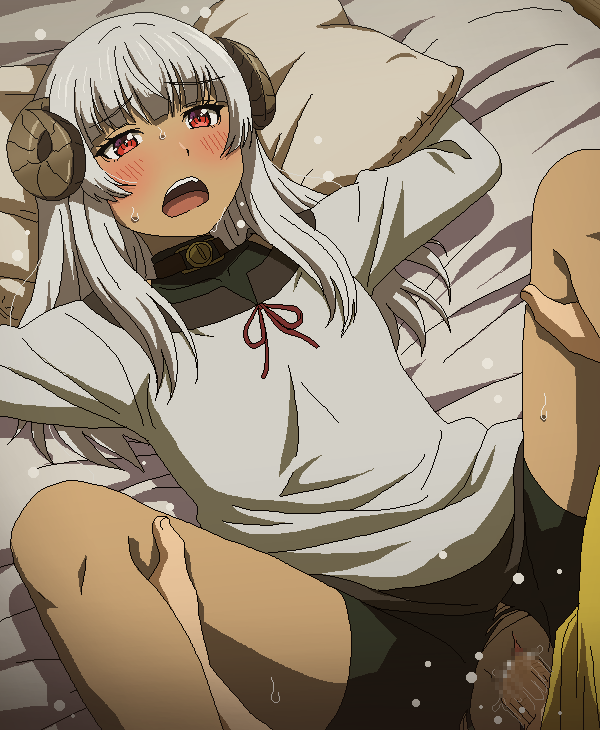 1boy 1girl bed_sheet blush brown_horns censored character_request chiyu_mahou_no_machigatta_tsukaikata clothed_sex commentary_request curled_horns horns long_hair lying missionary mosaic_censoring on_back open_mouth pillow pillow_grab red_eyes sex shirt teeth tomu_(tomubobu) upper_teeth_only white_hair white_shirt