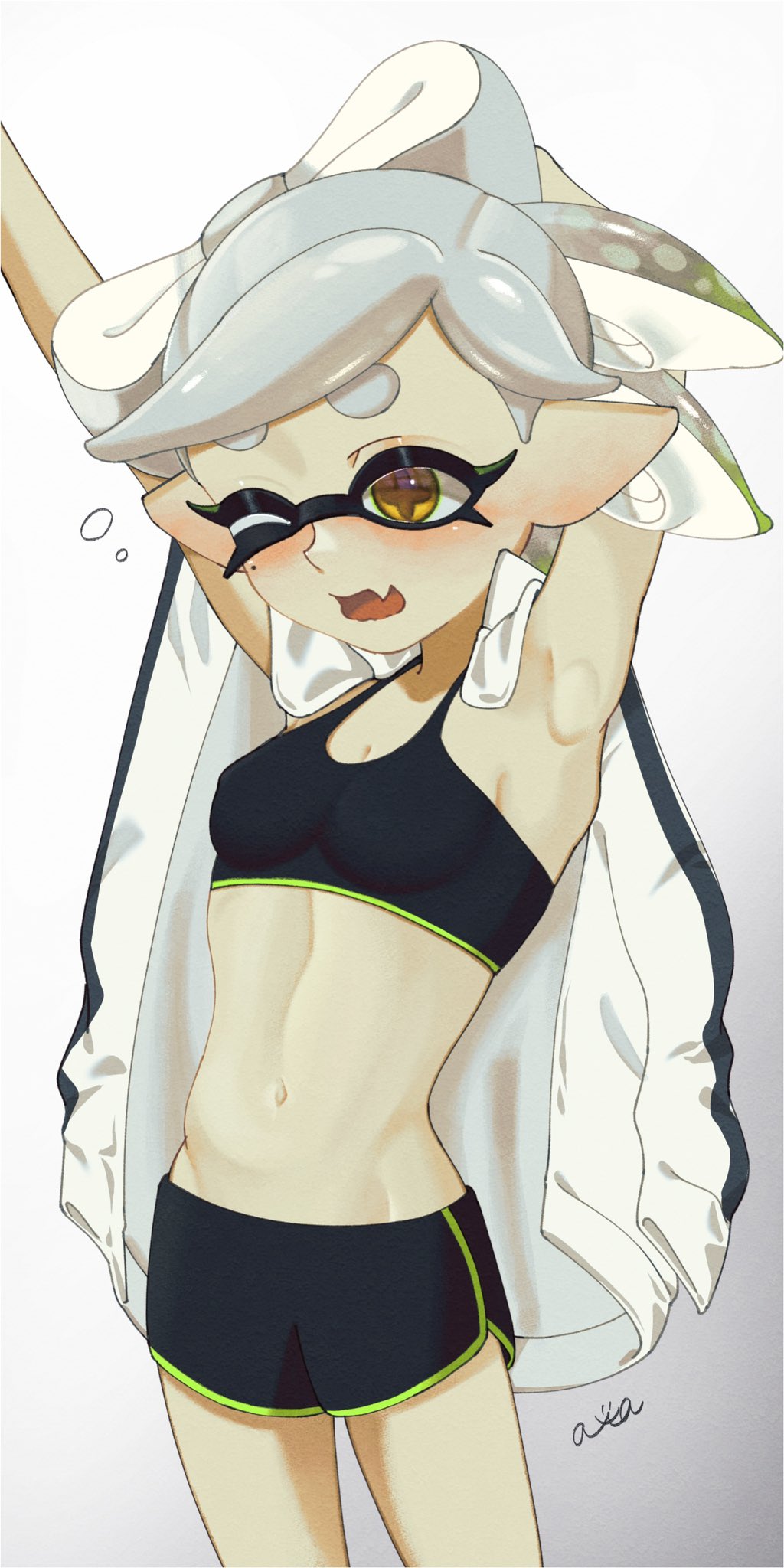 1girl alternate_costume arm_behind_head arm_up armpits black_bra black_shorts blush bow-shaped_hair bra breasts brown_pupils commentary_request covered_nipples cowboy_shot dolphin_shorts fang gradient_background gradient_hair green_hair green_trim grey_hair groin highres inkling jacket marie_(splatoon) midriff mole mole_under_eye multicolored_clothes multicolored_hair multicolored_jacket navel one_eye_closed open_clothes open_jacket open_mouth qzcewaxd raised_eyebrows short_hair shorts signature skin_fang small_breasts solo splatoon_(series) sports_bra squeans star-shaped_pupils star_(symbol) stretching swept_bangs symbol-shaped_pupils tentacle_hair thick_eyebrows two-tone_hair two-tone_jacket underwear white_background white_jacket yawning yellow_eyes