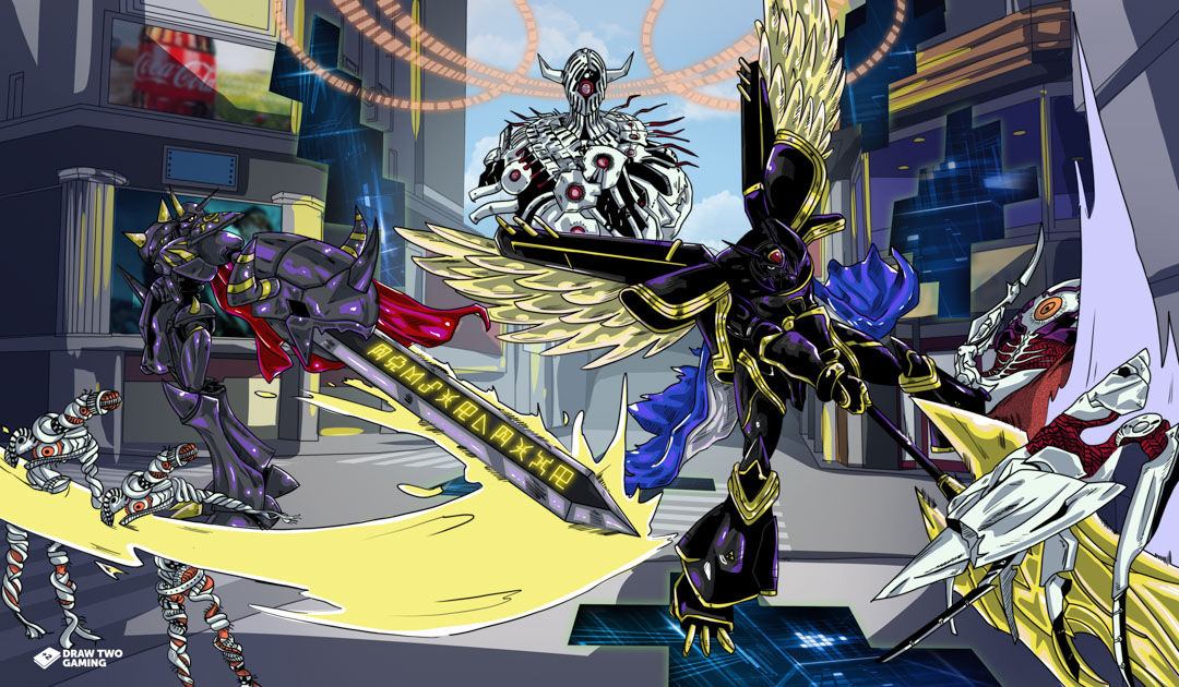 alphamon alphamon_ouryuken armor axe cape digicore_interface digimoji digimon digimon_(creature) eater_(digimon) eater_(humanoid_mode) eater_eve full_armor fusion horns monster mother_eater omegamon_zwart staticfox64 sword weapon wings