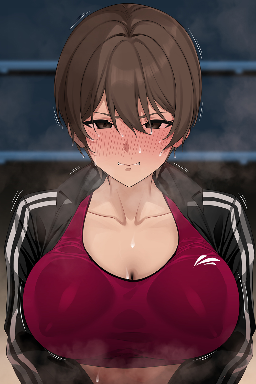 1girl biting_own_lip black_jacket blush breasts brown_eyes brown_hair cleavage collarbone covered_nipples english_commentary hair_between_eyes highres indoors jacket jjanda large_breasts looking_at_viewer open_clothes open_jacket original paid_reward_available purple_sports_bra short_hair solo sports_bra steaming_body sweat sweaty_clothes track_jacket upper_body
