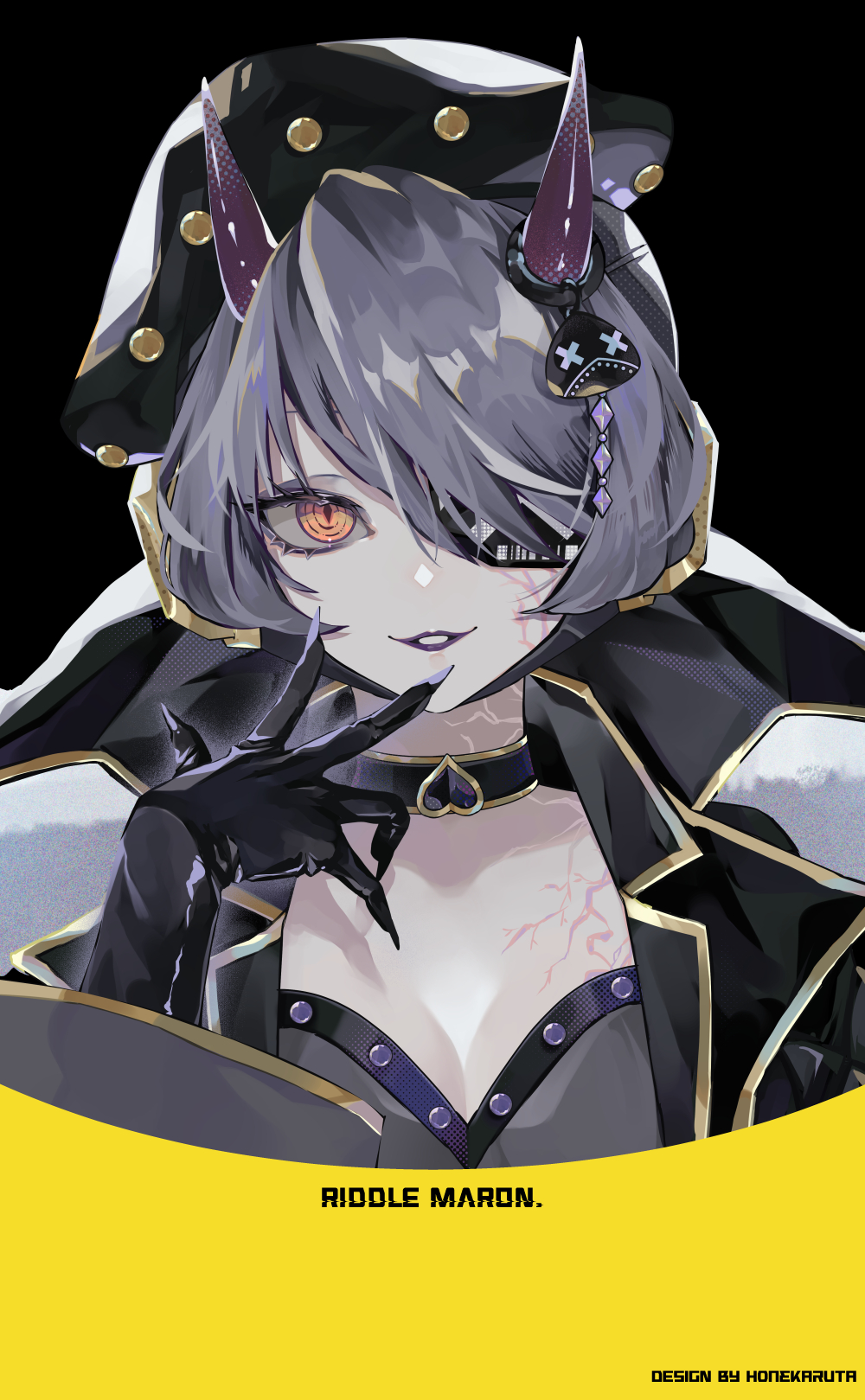 1girl alternate_costume animification apex_legends artist_name beret black_choker black_gloves black_hat black_jacket black_lips breasts brown_eyes choker cleavage eyepatch gloves grey_hair hat highres hone_(hellcircus) jacket maron_(gamer) medium_breasts one_eye_covered parted_lips portrait riddle_order scar scar_on_cheek scar_on_chest scar_on_face short_hair smile solo wattson_(apex_legends)