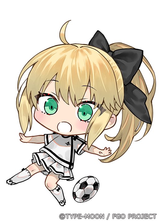 1girl ahoge artoria_pendragon_(fate) ball black_bow blonde_hair bow bow_legwear chestnut_mouth chibi fate/grand_order fate_(series) green_eyes kneehighs long_hair looking_down nipi27 official_art open_mouth ponytail saber_lily shirt short_sleeves sidelocks simple_background skirt soccer_ball socks solo white_background white_shirt white_skirt white_socks