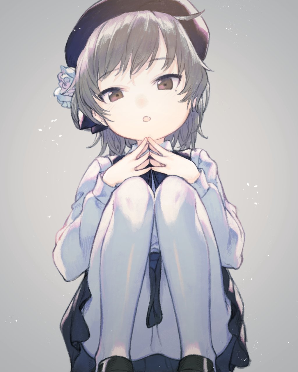 :o ahoge bangs beret black_bow black_footwear black_hat black_neckwear black_skirt bow bowtie brown_eyes en@rain eyebrows_visible_through_hair fang feet_out_of_frame flower gradient gradient_background grey_background grey_hair hair_flower hair_ornament hat hatoba_tsugu hatoba_tsugu_(character) head_tilt highres long_sleeves looking_at_viewer miniskirt mole mole_under_eye open_mouth own_hands_together pantyhose rose shirt short_hair skirt solo squatting steepled_fingers upskirt white_flower white_legwear white_rose white_shirt