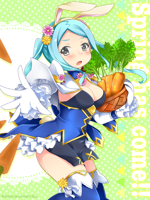 1girl alternate_costume animal_ears artist_name blue_hair blush breasts bunny_ears bunny_girl bunny_tail bunnysuit carrot cleavage cosplay fire_emblem fire_emblem:_monshou_no_nazo fire_emblem_heroes fire_emblem_if flora_(fire_emblem_if) flower gloves grey_eyes hair_flower hair_ornament katua leaf long_hair medium_breasts momosemocha open_mouth solo tail thighs twintails