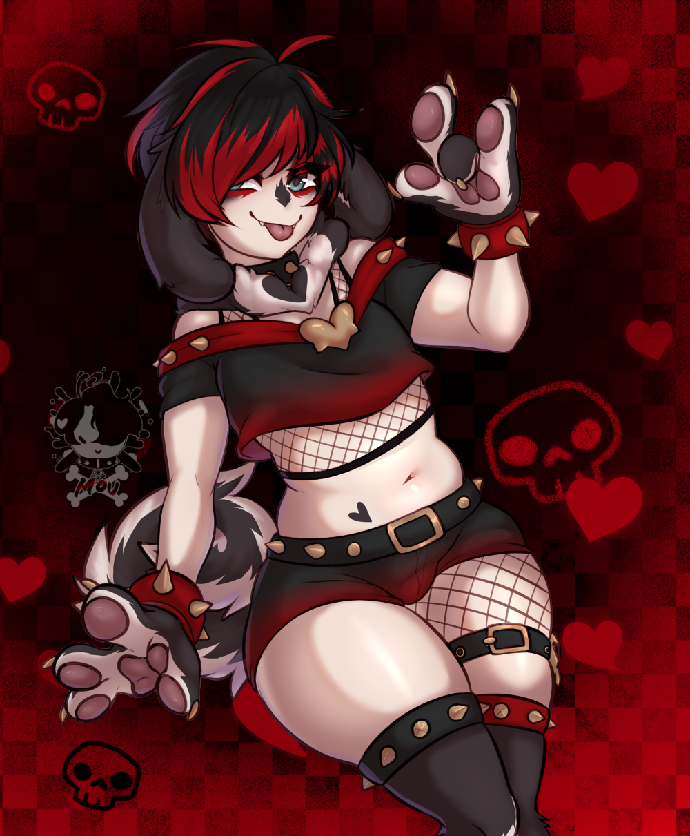 alternative_fashion animal_humanoid anthro black_hair blep bottomwear bracelet canid canid_humanoid canine canine_humanoid clothing collar crop_top curled_tail devil_horns_(gesture) dog_humanoid emo fangs femboy fishnet_clothing fishnet_topwear floppy_ears fur gesture grey_body grey_fur hair half-closed_eyes hand_gesture heart_symbol hi_res highlights_(coloring) hotpants humanoid jewelry legband male mammal mammal_humanoid moucchiato moucchiato_(character) narrowed_eyes neck_tuft pawpads paws pink_pawpads red_highlights shirt shorts simple_background smile solo spiked_bracelet spiked_collar spiked_legband spikes tail tan_body tan_skin teeth thick_thighs tongue tongue_out topwear tuft wide_hips