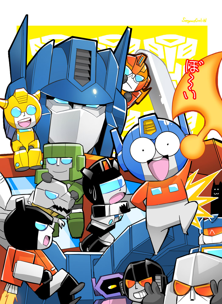 80s artist_name autobot axe blue_eyes bumblebee chibi commentary_request decepticon dinosaur glowing grimlock headgear hot_rod hound_(transformers) insignia jazz_(transformers) jetpack looking_at_viewer megatron multiple_boys no_humans oldschool open_mouth optimus_prime red_eyes sergeantctrln sideswipe smile soundwave starscream transformers tyrannosaurus_rex weapon