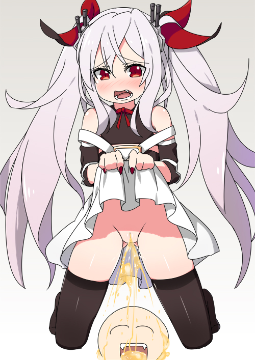 1boy 1girl azur_lane black_legwear detached_sleeves drinking_pee embarrassed eyebrows_visible_through_hair eyes_closed hair_ornament hands_up lifted_by_self long_hair minamimachi_naname nail_polish no_panties open_mouth peeing pussy red_eyes shiny_skin simple_background skindentation skirt skirt_lift teeth thighhighs tied_hair twintails uncensored vampire_(azur_lane) white_background white_hair white_skirt