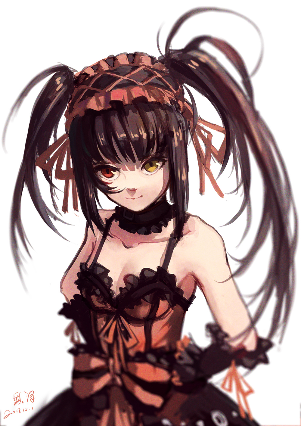1girl 2017 asymmetrical_hair bangs black_hair black_sleeves breasts choker cleavage collarbone date_a_live dated detached_sleeves dress eyebrows_visible_through_hair hair_ribbon hand_on_hip heterochromia highres lolita_fashion long_hair looking_at_viewer maid_headdress medium_breasts red_eyes red_ribbon ribbon signature simple_background sketch sleeveless sleeveless_dress smile solo tokisaki_kurumi twintails very_long_hair white_background xiaobanbei_milk yellow_eyes