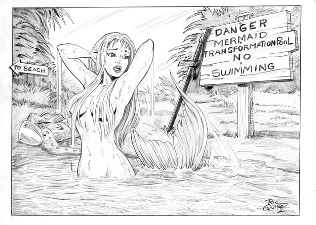 2004 bathing breasts detailed_background female hair implied_transformation long_hair lquiroz marine melee_weapon merfolk monochrome nude open_mouth sign solo surprise sword water weapon