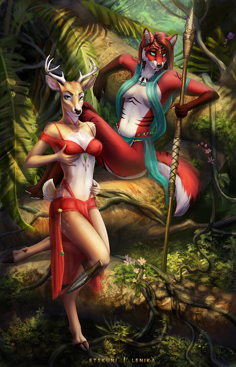 2018 anthro barefoot black_nose blue_eyes breasts cervine clothed clothing convenient_censorship deer detailed_background digital_media_(artwork) digitigrade duo etskuni female fur green_eyes hair hand_on_breast holding_breast hooves horn jewelry jungle lenika lingerie looking_at_viewer mammal midriff navel red_fur red_hair sitting skimpy standing