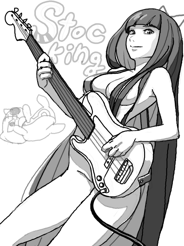 1girl bangs bass_guitar blunt_bangs blunt_ends breasts cable character_name closed_mouth convenient_leg hair_over_breasts honekoneko_(psg) instrument long_hair looking_at_viewer medium_breasts monochrome music nude panty_&amp;_stocking_with_garterbelt playing_instrument simple_background solo standing stocking_(psg) straight_hair very_long_hair white_background yamane8