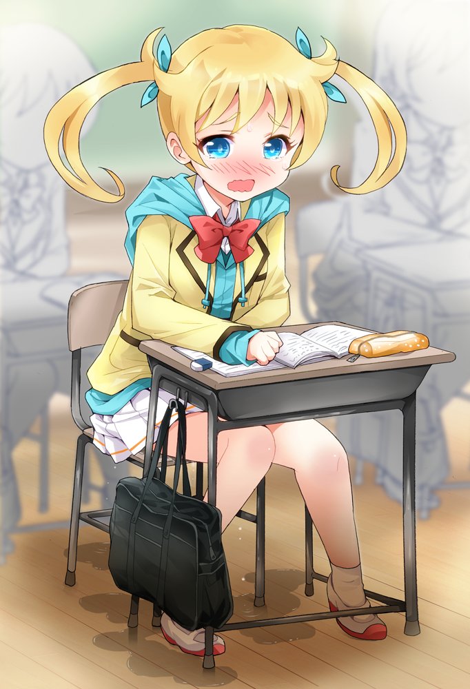 aqua_ribbon aqua_sweater bag bangs blazer blonde_hair blue_eyes blurry blurry_background blush book bow bowtie chair chalkboard classroom clenched_hand desk embarrassed eraser eyebrows_visible_through_hair hair_ribbon hood hoodie indoors jacket kiratto_pri_chan miniskirt moegi_emo multiple_girls nose_blush open_book open_mouth peeing peeing_self pencil_case pleated_skirt puddle ratryu red_bow red_footwear red_neckwear ribbon school_desk school_uniform shiny shiny_hair shirt shoes skirt socks solo_focus sweat tears tied_hair twintails wavy_mouth white_legwear white_shirt white_skirt yellow_jacket