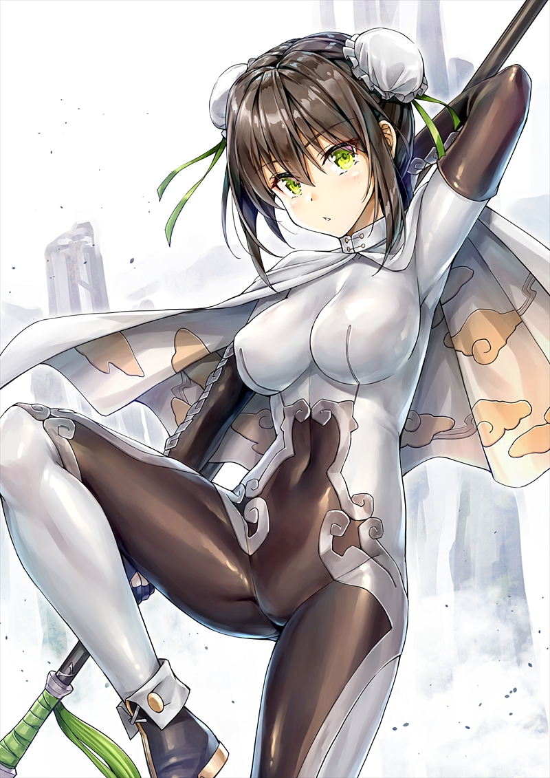 1girl arm_behind_head bangs black_hair blush bodysuit breasts bun_cover cape chinese_clothes commentary_request covered_navel double_bun eyebrows_visible_through_hair fate/grand_order fate_(series) fingerless_gloves gloves green_eyes green_ribbon hair_between_eyes hair_ribbon holding_polearm kotatsu_(kotatsu358) leg_up looking_at_viewer medium_breasts outdoors parted_lips pose qin_liangyu_(fate) ribbon shoes solo white_bodysuit white_cape