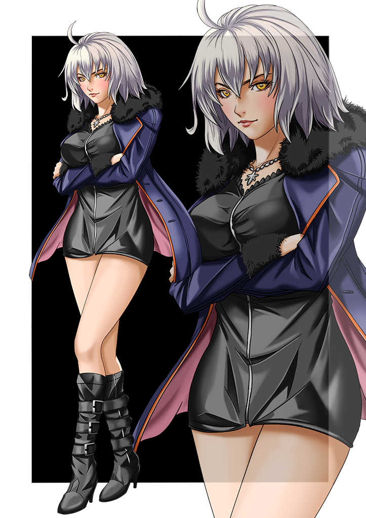 ahoge black_dress black_footwear blue_coat boots breasts coat commentary crossed_arms dress fate/grand_order fate_(series) fur_trim jeanne_d'arc_(alter)_(fate) jeanne_d'arc_(fate)_(all) jewelry kouichi09 large_breasts legs necklace open_clothes open_coat short_dress silver_hair solo standing strap yellow_eyes