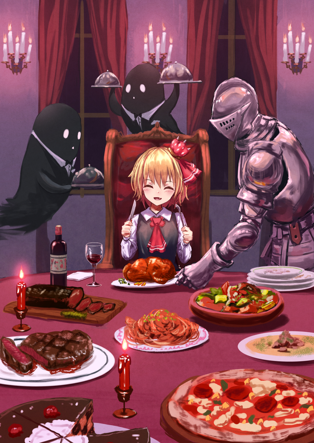1girl :d ^_^ alcohol armor ascot bangs black_vest blonde_hair blush bottle cake candle chair chicken_(food) closed_eyes commentary_request crown cup curtains cutting_board drinking_glass eyebrows_visible_through_hair eyes_closed facing_viewer fang food ghost hair_ribbon hands_up highres holding holding_plate indoors knight long_sleeves mini_crown open_mouth pasta pizza plate red_neckwear red_ribbon ribbon roke_(taikodon) rumia salad shirt short_hair smile spaghetti steak table tablecloth touhou upper_body vest white_shirt window wine wine_bottle wine_glass
