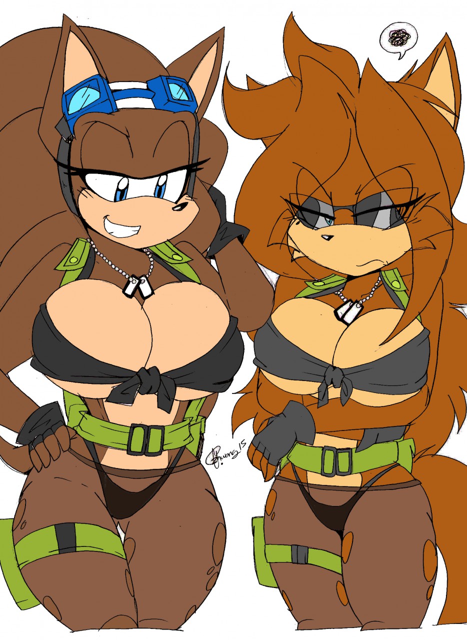 2015 5_fingers akatsukishiranui-fox annoyed anthro big_breasts blue_eyes breasts brown_fur canine cleavage clothed clothing crossed_arms dog_tags eyewear female fineeve_the_wolf_soldier fingerless_gloves fur gloves goggles hedgehog huge_breasts jaymi_the_hedgehog knotted_shirt looking_down mammal panties pants shirt simple_background smile sonic_(series) sunglasses thick_thighs tied_shirt torn_clothing underwear voluptuous white_background wide_hips wolf