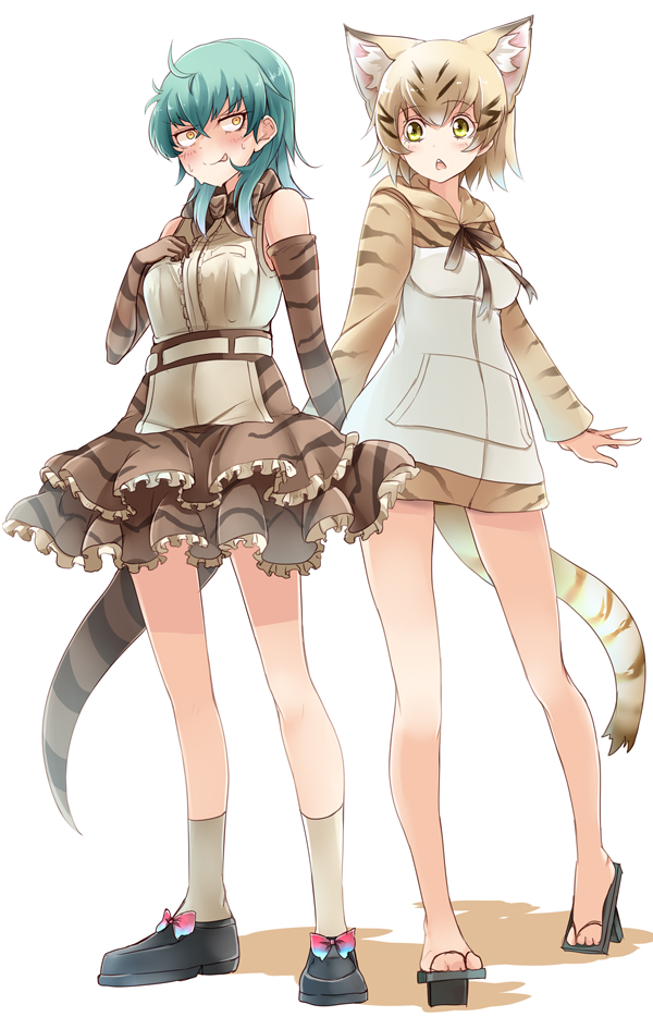 :p adapted_costume amai_nekuta animal_ears bare_legs bare_shoulders blonde_hair blush bow bowtie cat_ears cat_tail cosplay costume_switch elbow_gloves eyebrows_visible_through_hair frilled_skirt frills gloves green_hair hood hoodie kemono_friends loafers multicolored_hair multiple_girls neck_ribbon ribbon sand_cat_(kemono_friends) sand_cat_(kemono_friends)_(cosplay) sand_cat_print sandals shoes skirt snake_print snake_tail socks sweatdrop tail tongue tongue_out tsuchinoko_(kemono_friends) tsuchinoko_(kemono_friends)_(cosplay) vest yellow_eyes