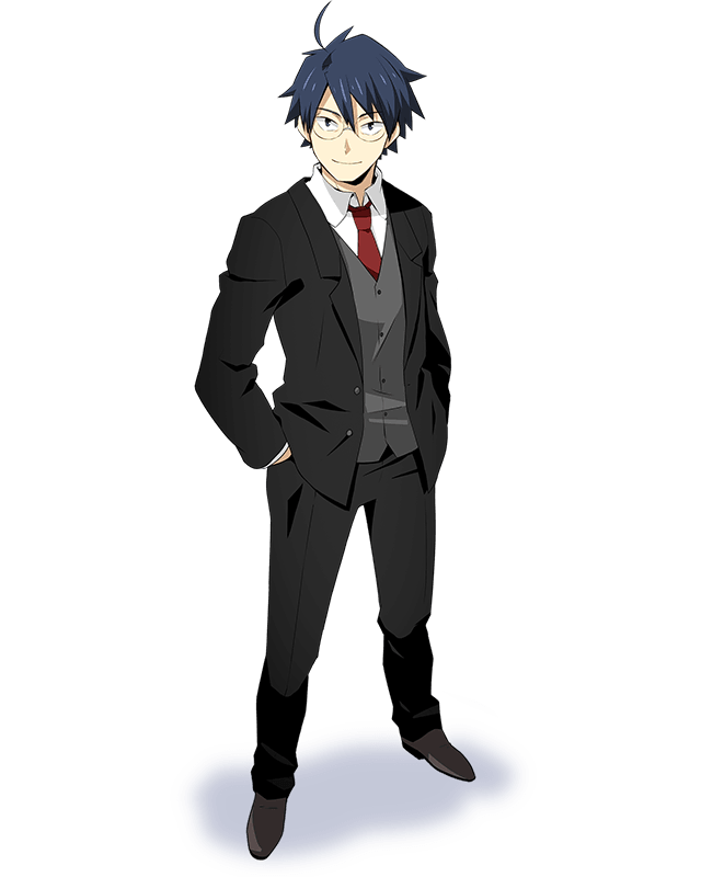 black_jacket black_pants blue_hair formal from_above full_body glasses grey_footwear hair_between_eyes hands_in_pockets jacket log_horizon looking_at_viewer male_focus necktie official_art open_clothes open_jacket pants red_neckwear shiroe shirt shoes smile solo standing transparent_background white_shirt