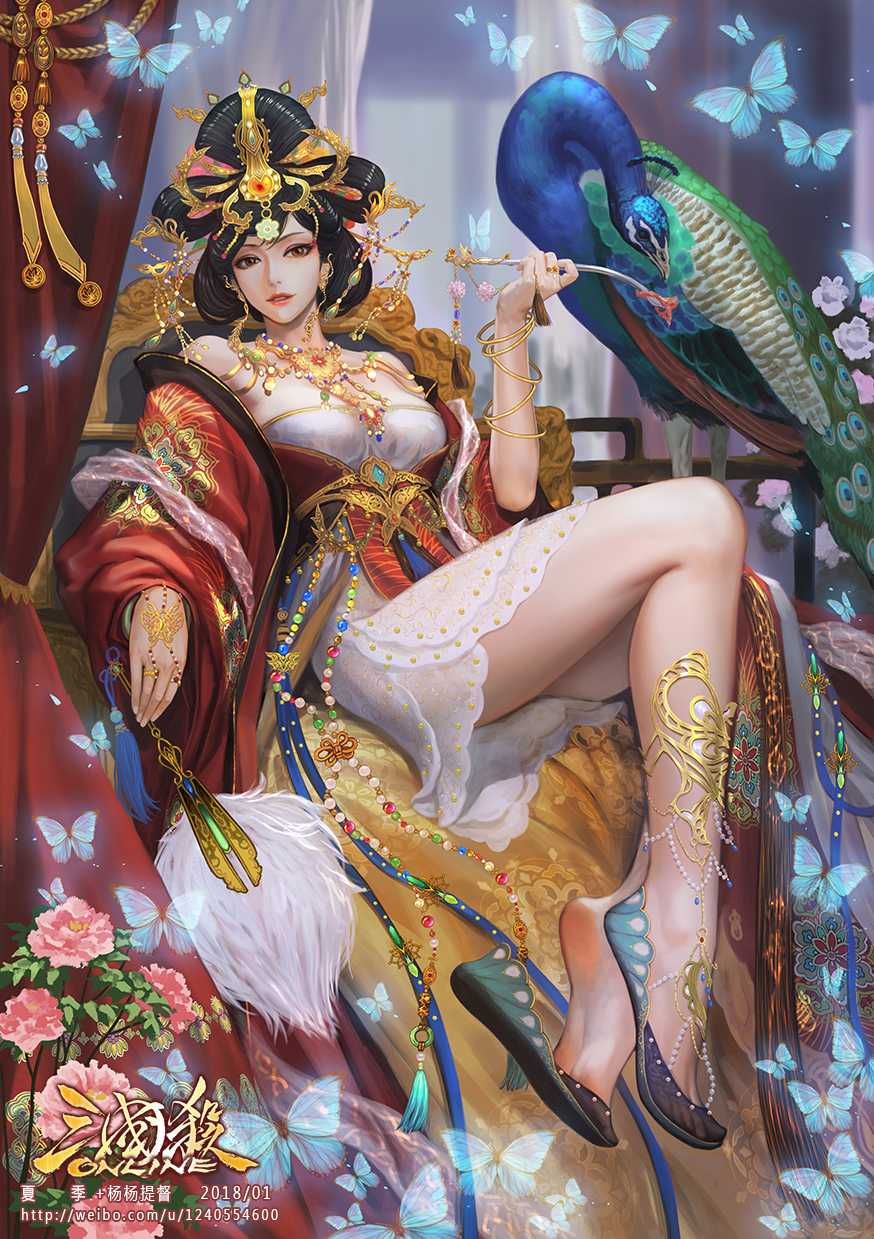 bird black_hair bracelet brown_eyes bug butterfly chinese_clothes earrings fan flats flower hair_ornament highres insect jewelry necklace official_art peacock ring shoe_dangle shoes soles xiaji yang_yang_(tigu)