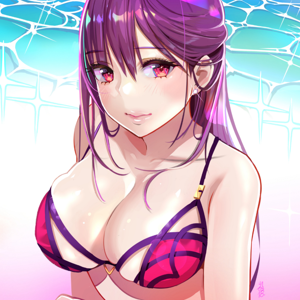 bangs bare_shoulders bikini blush breasts commentary earrings fate/grand_order fate_(series) hair_behind_ear jewelry large_breasts lips long_hair looking_at_viewer pink_bikini pink_lips purple_bikini purple_hair rangsiwut_sangwatsharakul red_eyes scathach_(fate)_(all) scathach_(swimsuit_assassin)_(fate) shiny shiny_skin skindentation smile solo swimsuit upper_body