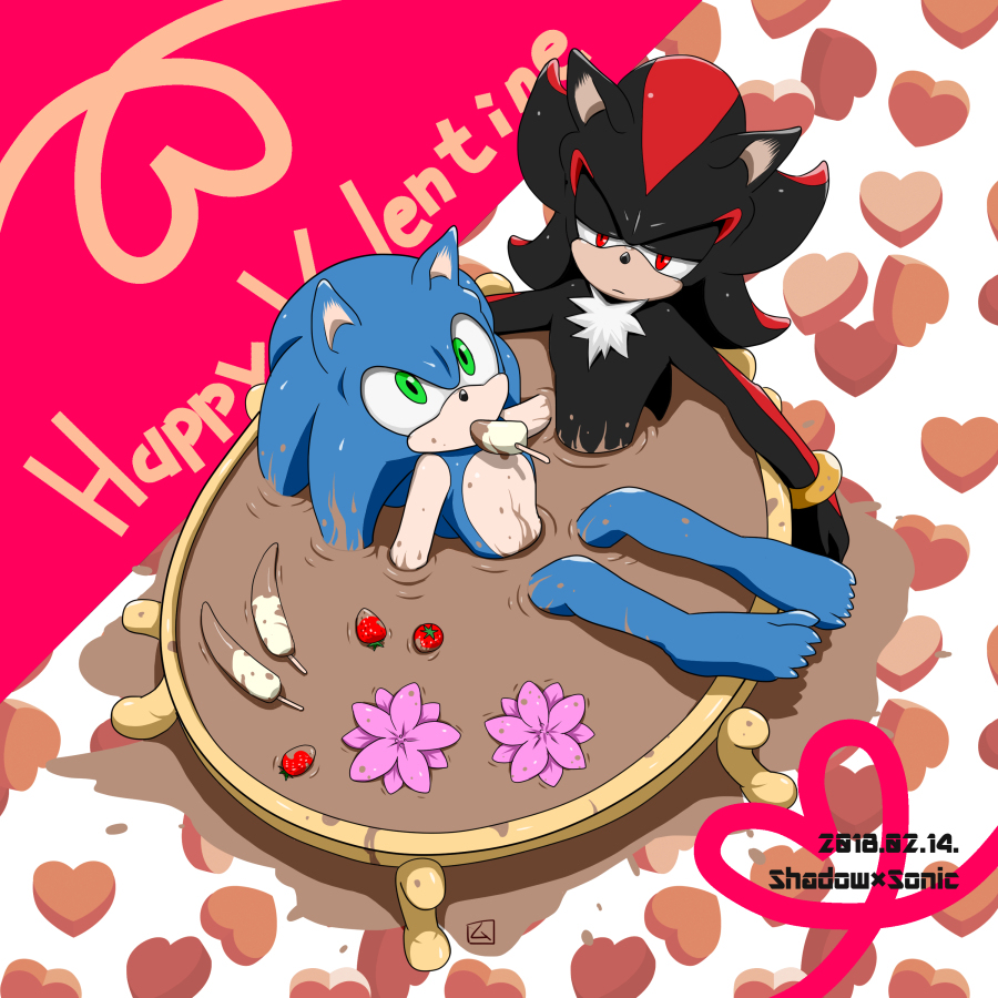 banana black_fur blue_fur bracelet candy chest_tuft chocolate duo flower food fruit fur green_eyes hedgehog holidays invalid_tag jewelry looking_at_viewer male mammal nude plant pool_(disambiguation) red_eyes shadow_the_hedgehog sonic_(series) sonic_the_hedgehog strawberry tobi tuft valentine's_day む プ ロ