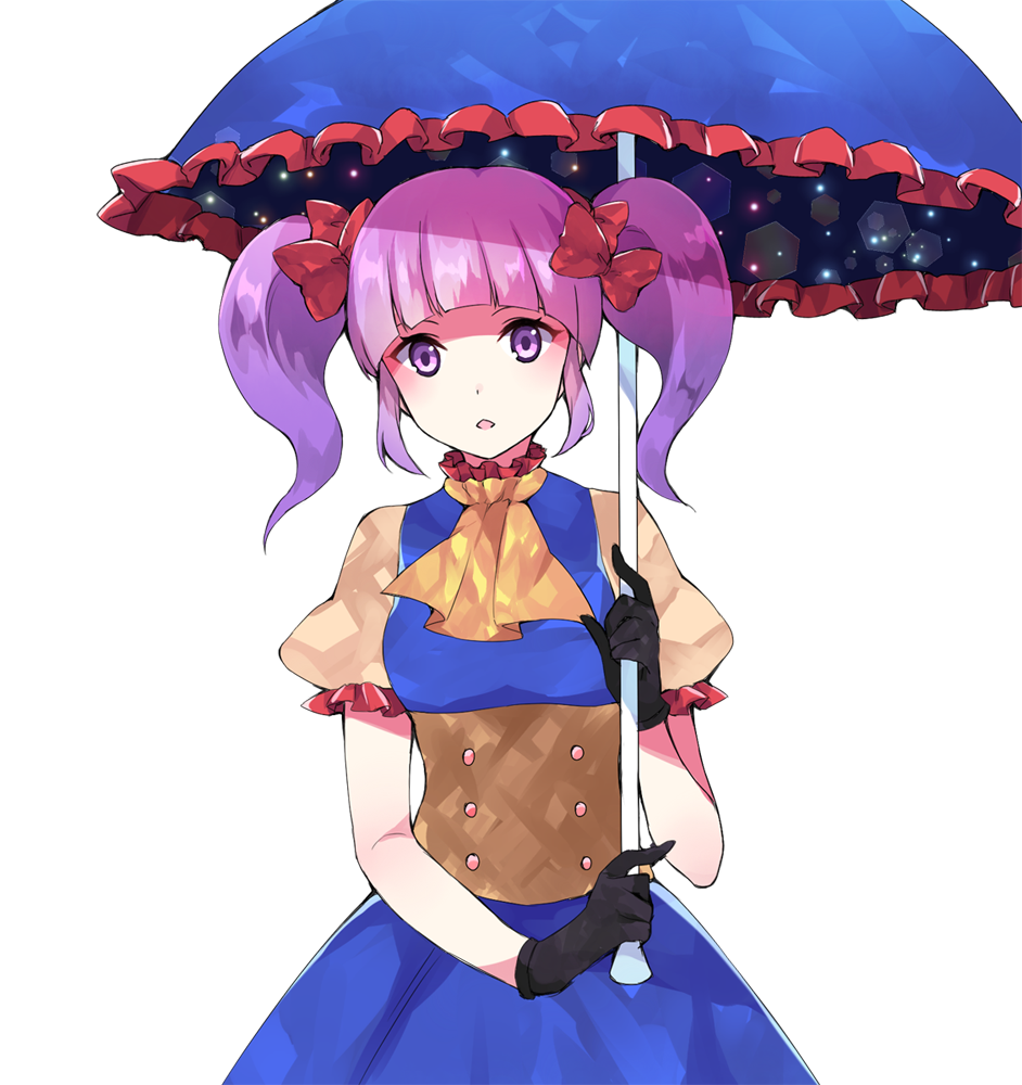 bangs black_gloves blue_dress blunt_bangs bow bustier dress gloves hair_bow holding looking_at_viewer original parted_lips peachpii puffy_short_sleeves puffy_sleeves purple_eyes purple_hair red_bow short_hair short_sleeves solo transparent_background twintails umbrella upper_body