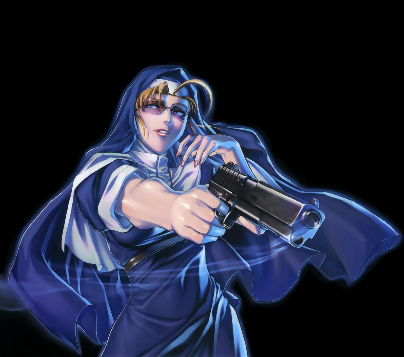 black_background black_lagoon blonde_hair blue_eyes breasts eda_(black_lagoon) gun habit handgun highres hiroe_rei holding holding_gun holding_weapon jewelry large_breasts lips long_hair nail_polish necklace nun official_art outstretched_arm pistol solo sunglasses weapon